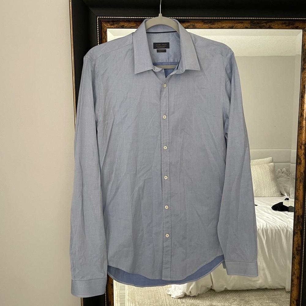 Zara Light Blue Slim Fit Button Down Long Sleeve Dress Shirt - Picture 3 of 5